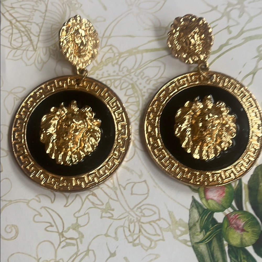 Gold and Black Lion Medallion Earrings